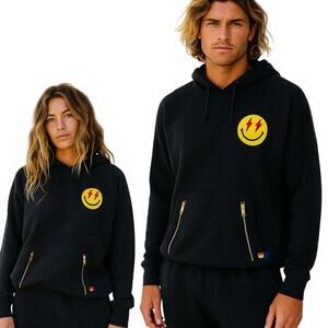 Aviator Nation Black Pullover Hoodie Smiley Bolt Eyes Zipper Pockets XXL 2X